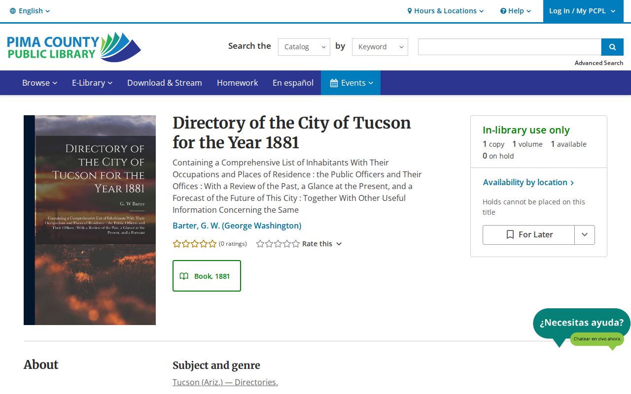Sahuarita city directory catalog record for the 1881 Tucson volume