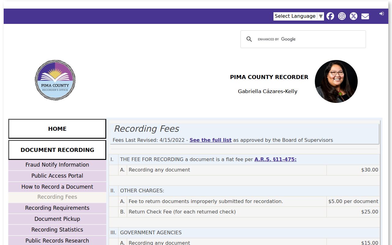 Sahuarita previous residents Recorder copy and certification fees